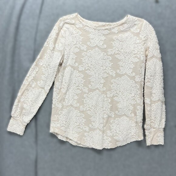 LOFT Tops - LOFT XS Lace Damask Textured Knit Top Ivory Cream Beige Mixed Media Long Sleeve